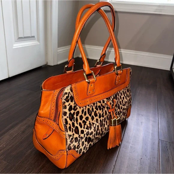 Antonio Melani Y2K Orange Leather Leopard Calf Hair Large Satchel Tote Tassels - Picture 2 of 16